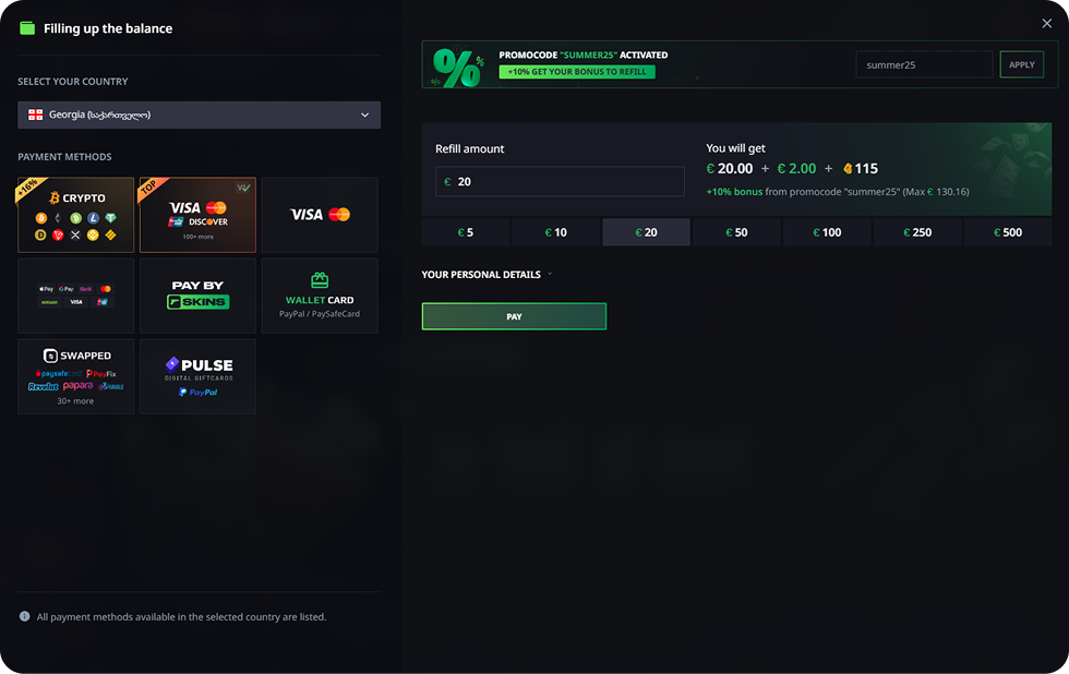 Hellcase deposit screen showing where to enter a promo code